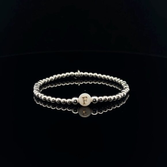 925 Sterling Silver Beaded Stretch Stacking Bracelet MOP Letter Initial F - Picture 1 of 6